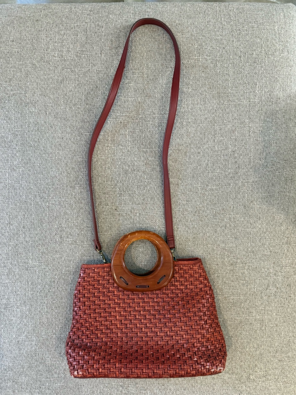 Fossil Woven Leather Crossbody Bag Boho Ring Detail Rust Red